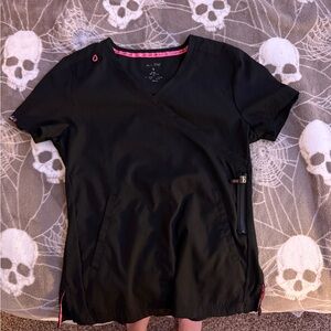 Black V-Neck Scrub Top with Pink Accents
